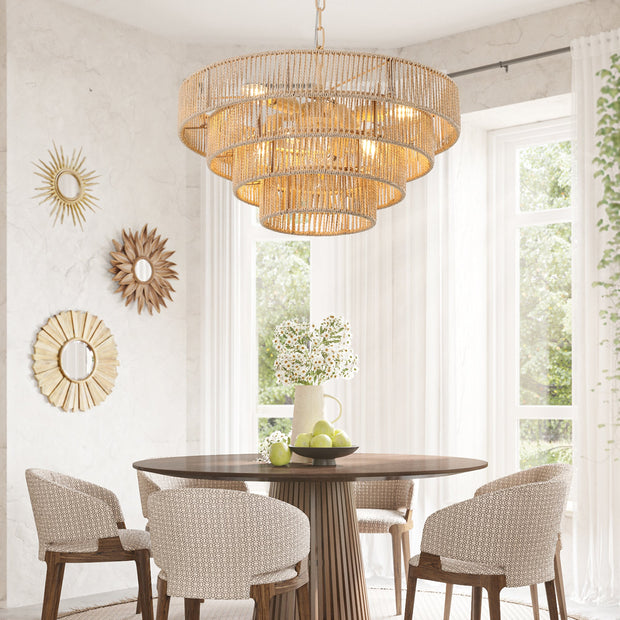 Bohemian Style Woven Pendant Light 19.7 Inch Rattan Ligh Large Rattan Pendant Light With 4-Tier Rattan Chandelier--Wood
