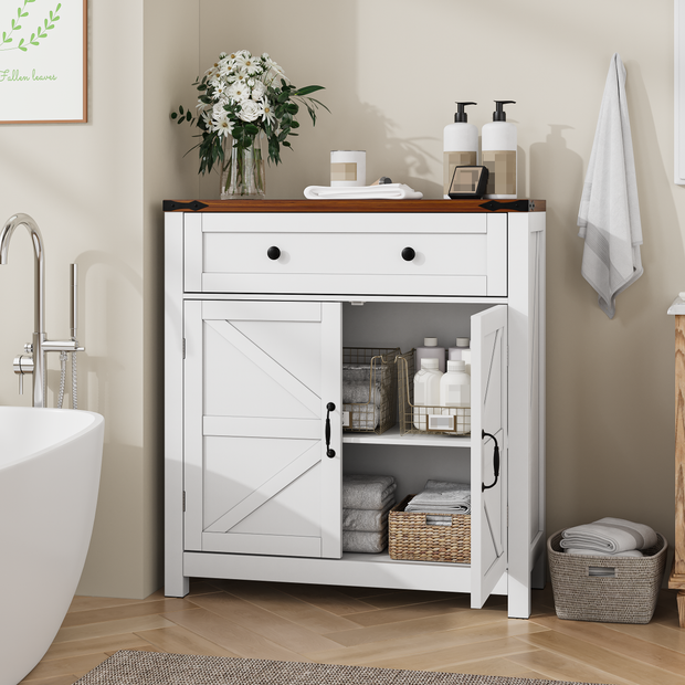 Farmhouse Storage Cabinet With Drawer and Adjustable Shelf, White Kitchen Cabinet With Walnut Countertop,  Modern Coffee