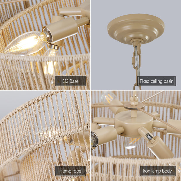 Bohemian Style Woven Pendant Light 19.7 Inch Rattan Ligh Large Rattan Pendant Light With 4-Tier Rattan Chandelier--Wood