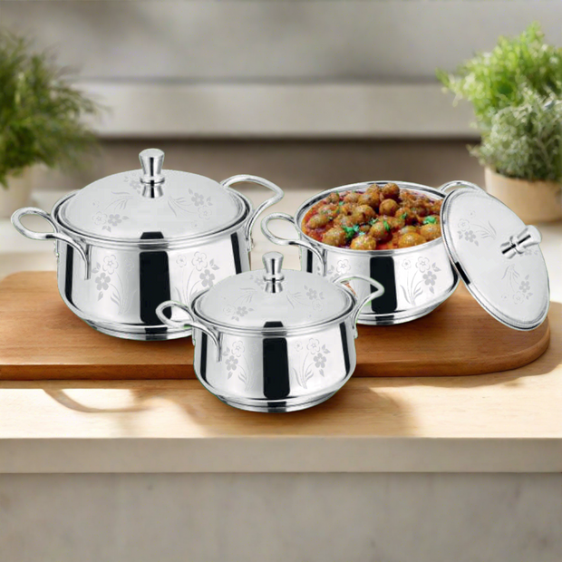Stainless Steel German Handi (Laser Design) Set of 3 | Premium Cookware | Sama Homes | Table Dish