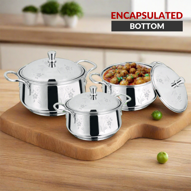 Stainless Steel German Handi Encapsulated Bottom (Laser Design) Set of 3 | Premium Cookware | SAMA Homes | Table Dish