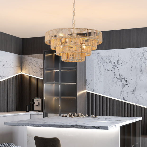 Bohemian Style Woven Pendant Light 19.7 Inch Rattan Ligh Large Rattan Pendant Light With 4-Tier Rattan Chandelier--Wood
