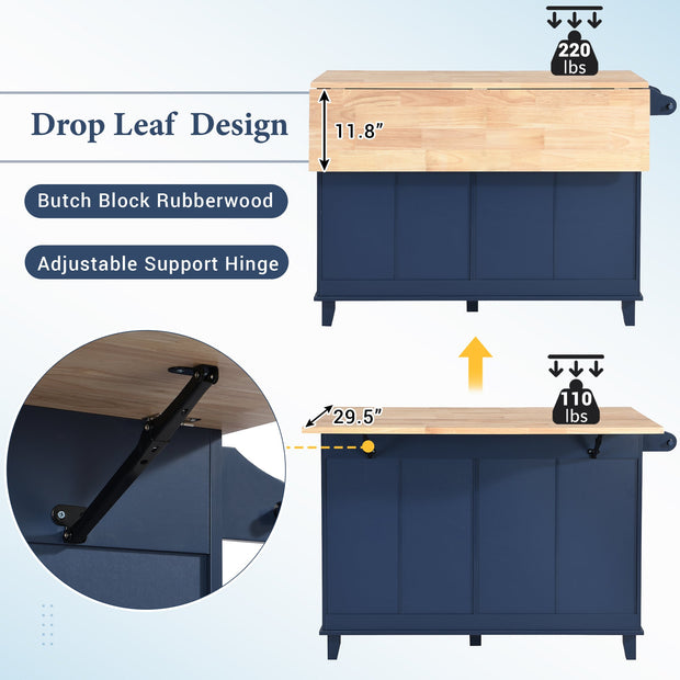 Farmhouse Kitchen Island Set With Drop Leaf and 2 Seatings,Dining Table Set With Storage Cabinet, Drawers and Towel Rack