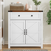 Farmhouse Storage Cabinet With Drawer and Adjustable Shelf, White Kitchen Cabinet With Walnut Countertop,  Modern Coffee