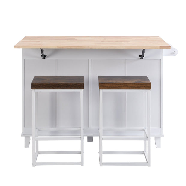 Farmhouse Kitchen Island Set With Drop Leaf and 2 Seatings,Dining Table Set With Storage Cabinet, Drawers and Towel Rack