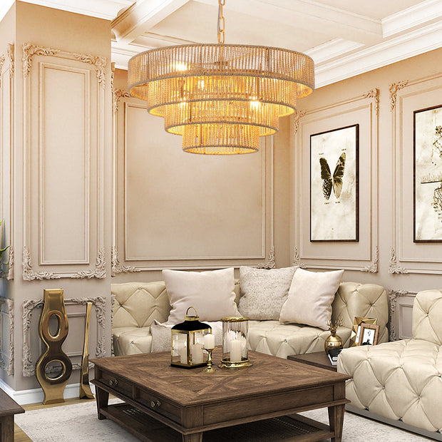 Bohemian Style Woven Pendant Light 19.7 Inch Rattan Ligh Large Rattan Pendant Light With 4-Tier Rattan Chandelier--Wood
