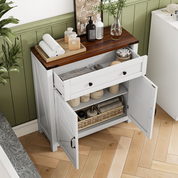 Farmhouse Storage Cabinet With Drawer and Adjustable Shelf, White Kitchen Cabinet With Walnut Countertop,  Modern Coffee