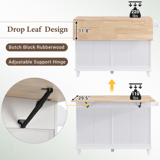 Farmhouse Kitchen Island Set With Drop Leaf and 2 Seatings,Dining Table Set With Storage Cabinet, Drawers and Towel Rack