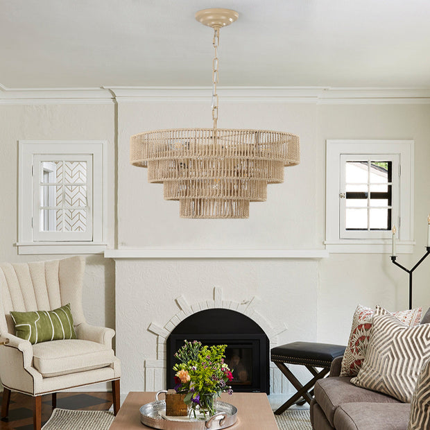 Bohemian Style Woven Pendant Light 19.7 Inch Rattan Ligh Large Rattan Pendant Light With 4-Tier Rattan Chandelier--Wood