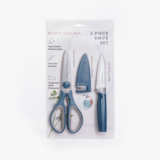 3 Piece Kitchen Knife Set - Paring Knife, Blade Guard With Built in Sharpener, and Multi Purpose Shears