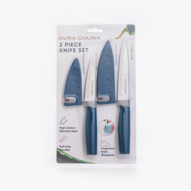 2 Piece Kitchen Knife Set- Paring, and Utility Knife With Matching Blade Guards With Built in Sharpener