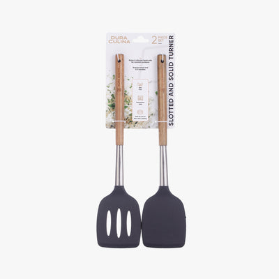 2-Piece Solid & Slotted Turner Set - Acacia Wood & Stainless Steel  Black