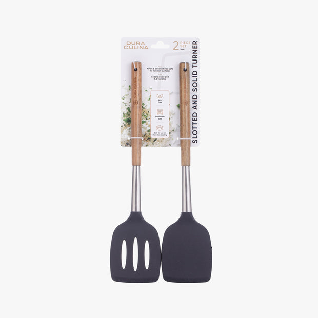 2-Piece Solid & Slotted Turner Set - Acacia Wood & Stainless Steel  Black