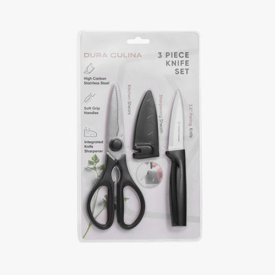 3 Piece Kitchen Knife Set - Paring Knife, Blade Guard With Built in Sharpener, and Multi Purpose Shears