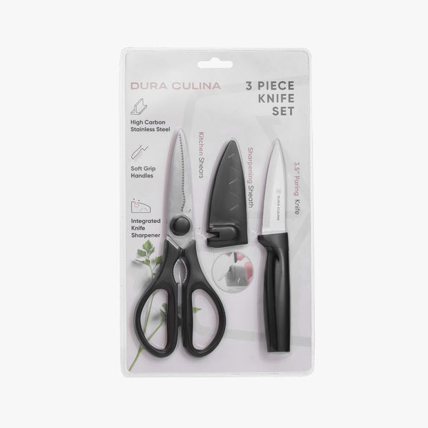 3 Piece Kitchen Knife Set - Paring Knife, Blade Guard With Built in Sharpener, and Multi Purpose Shears