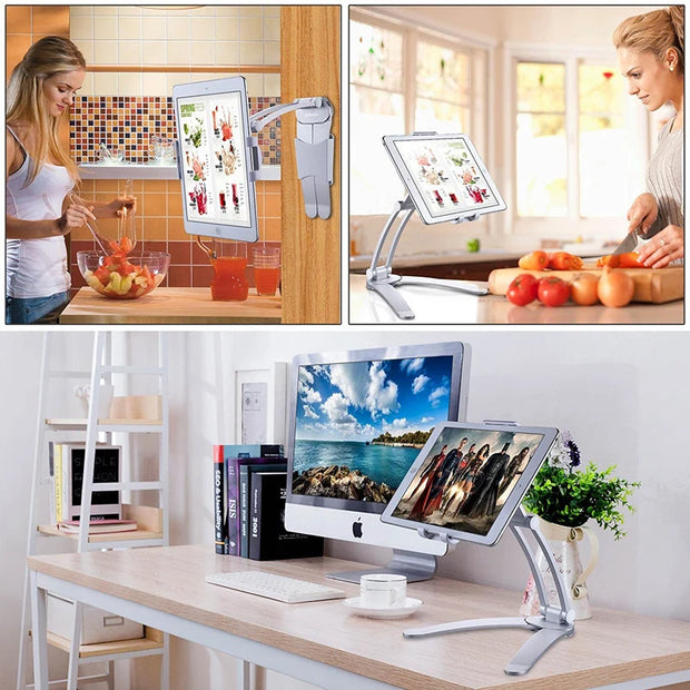 XMXCZKJ Kitchen Tablet Stand Wall Desk Tablet Mount Stand Fit for 5-7.8 Inch Width Tablet  Metal Bracket Smartphones Holders