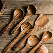 1~7PCS Thailand Teak Natural Wood Tableware Spoon Ladle Turner Long Rice Colander Soup Skimmer Cooking Spoons Scoop Kitchen Tool