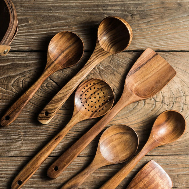 1~7PCS Thailand Teak Natural Wood Tableware Spoon Ladle Turner Long Rice Colander Soup Skimmer Cooking Spoons Scoop Kitchen Tool