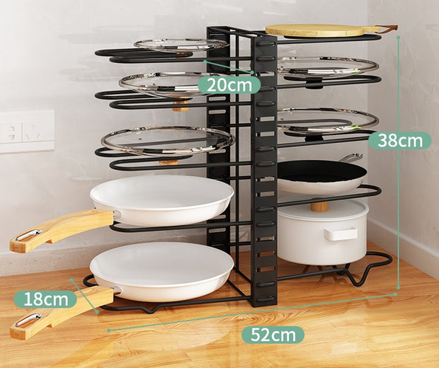 10-Tier Pots and Pans Organizer Rack Adjustable Pot Lid Holders Pan Rack Lid Organizer With 3 DIY Methods Storage Holders