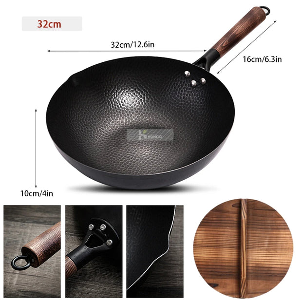 Konco Pure Iron Wok Cast Iron Pan Non-Coated Pot General Use for Gas and Induction Cooker 32cm Chinese Wok Cookware Pan