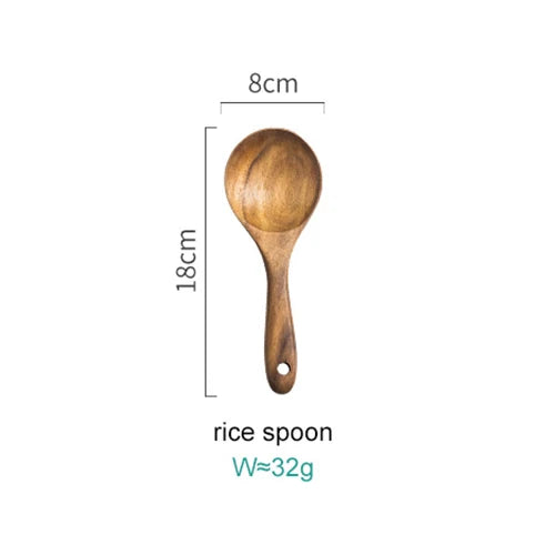 1~7PCS Thailand Teak Natural Wood Tableware Spoon Ladle Turner Long Rice Colander Soup Skimmer Cooking Spoons Scoop Kitchen Tool