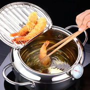 LMETJMA Japanese Deep Frying Pot With a Thermometer and a Lid 304 Stainless Steel Kitchen Tempura Fryer Pan 20 24 Cm KC0405