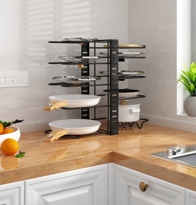 10-Tier Pots and Pans Organizer Rack Adjustable Pot Lid Holders Pan Rack Lid Organizer With 3 DIY Methods Storage Holders