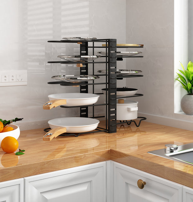 10-Tier Pots and Pans Organizer Rack Adjustable Pot Lid Holders Pan Rack Lid Organizer With 3 DIY Methods Storage Holders