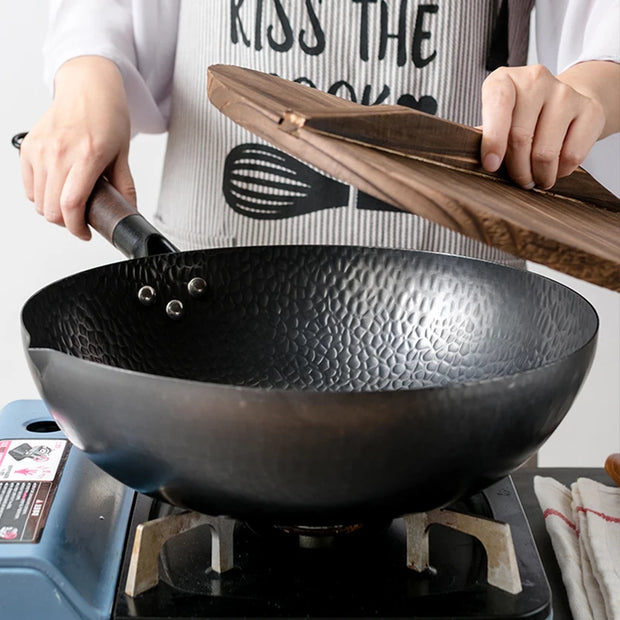 Konco Pure Iron Wok Cast Iron Pan Non-Coated Pot General Use for Gas and Induction Cooker 32cm Chinese Wok Cookware Pan