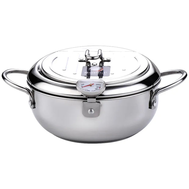 LMETJMA Japanese Deep Frying Pot With a Thermometer and a Lid 304 Stainless Steel Kitchen Tempura Fryer Pan 20 24 Cm KC0405