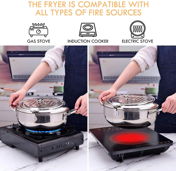 LMETJMA Japanese Deep Frying Pot With a Thermometer and a Lid 304 Stainless Steel Kitchen Tempura Fryer Pan 20 24 Cm KC0405