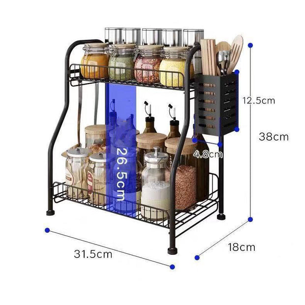 Hot Sale Cabinet Accessories Kitchen Organizer Storage Shelf Metal 2 Tier Black Table Spice Rack With Chopsticks Holder