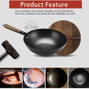 Konco Pure Iron Wok Cast Iron Pan Non-Coated Pot General Use for Gas and Induction Cooker 32cm Chinese Wok Cookware Pan