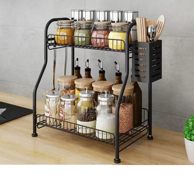 Hot Sale Cabinet Accessories Kitchen Organizer Storage Shelf Metal 2 Tier Black Table Spice Rack With Chopsticks Holder