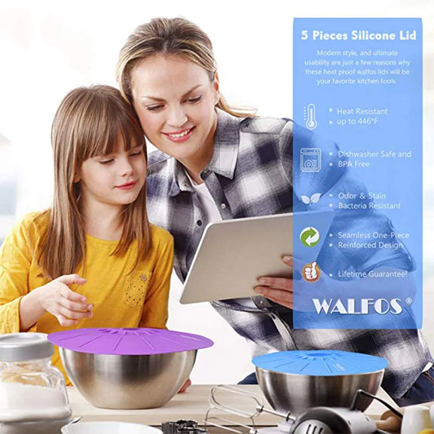 WALFOS Set of 5 Silicone Microwave  Bowl Cover Cooking Pot Pan Lid Cover-Silicone Food Wrap Cooking Tools Kitchen Utensil