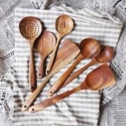1~7PCS Thailand Teak Natural Wood Tableware Spoon Ladle Turner Long Rice Colander Soup Skimmer Cooking Spoons Scoop Kitchen Tool