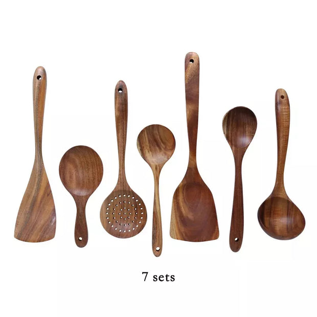 1~7PCS Thailand Teak Natural Wood Tableware Spoon Ladle Turner Long Rice Colander Soup Skimmer Cooking Spoons Scoop Kitchen Tool