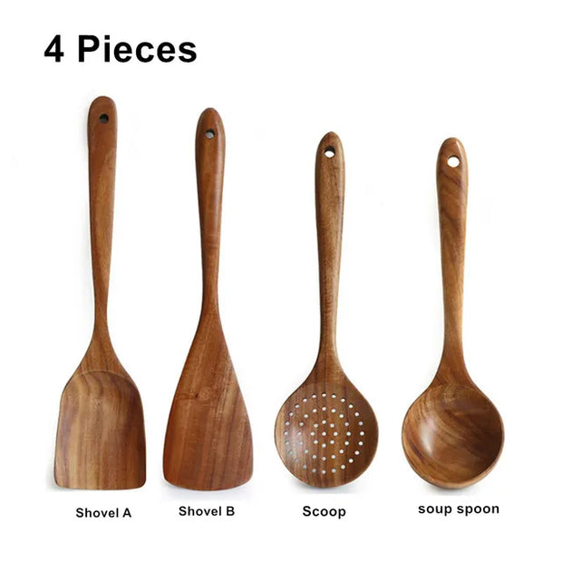 1~7PCS Thailand Teak Natural Wood Tableware Spoon Ladle Turner Long Rice Colander Soup Skimmer Cooking Spoons Scoop Kitchen Tool