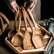 1~7PCS Thailand Teak Natural Wood Tableware Spoon Ladle Turner Long Rice Colander Soup Skimmer Cooking Spoons Scoop Kitchen Tool