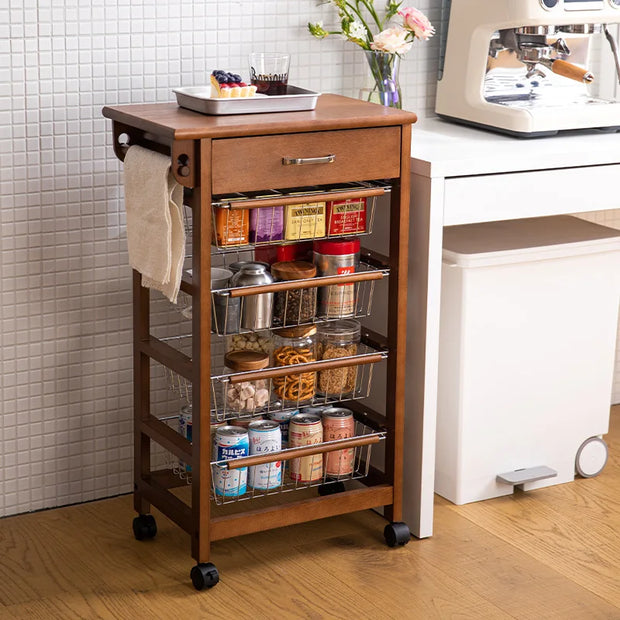 SHIMOYAMA 5-Tier Kitchen Island Cart on Wheels With Wooden Shelves, Lockable Utility Cart With Mesh Baskets for Narrow Space