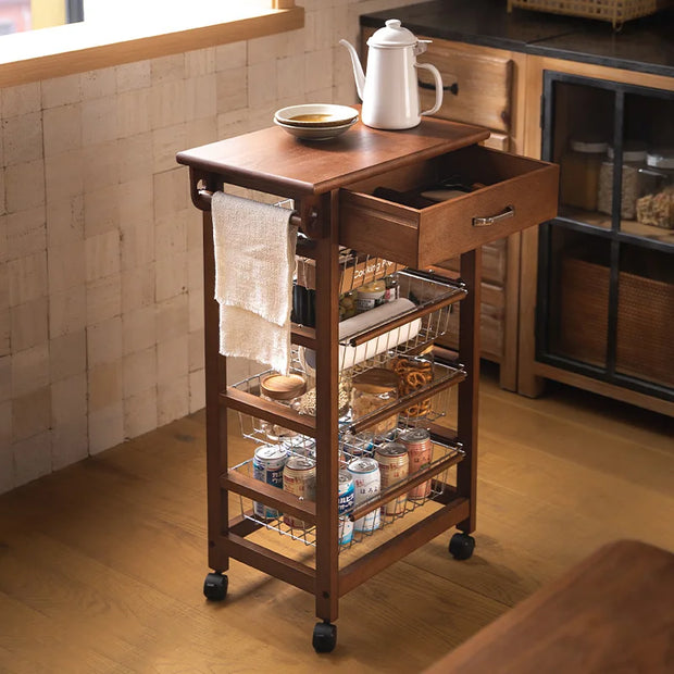 SHIMOYAMA 5-Tier Kitchen Island Cart on Wheels With Wooden Shelves, Lockable Utility Cart With Mesh Baskets for Narrow Space