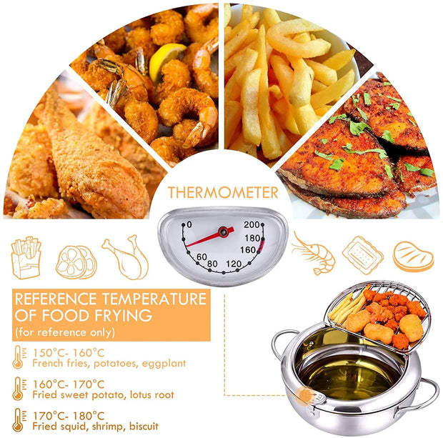 LMETJMA Japanese Deep Frying Pot With a Thermometer and a Lid 304 Stainless Steel Kitchen Tempura Fryer Pan 20 24 Cm KC0405