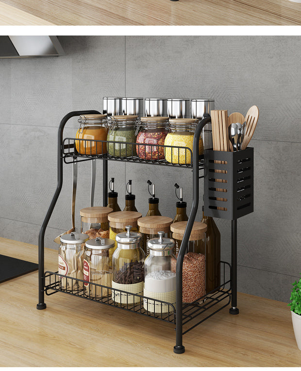 Hot Sale Cabinet Accessories Kitchen Organizer Storage Shelf Metal 2 Tier Black Table Spice Rack With Chopsticks Holder