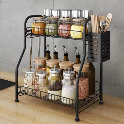 Hot Sale Cabinet Accessories Kitchen Organizer Storage Shelf Metal 2 Tier Black Table Spice Rack With Chopsticks Holder