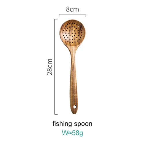 1~7PCS Thailand Teak Natural Wood Tableware Spoon Ladle Turner Long Rice Colander Soup Skimmer Cooking Spoons Scoop Kitchen Tool