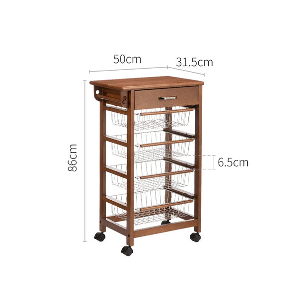 SHIMOYAMA 5-Tier Kitchen Island Cart on Wheels With Wooden Shelves, Lockable Utility Cart With Mesh Baskets for Narrow Space