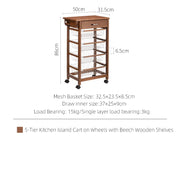 SHIMOYAMA 5-Tier Kitchen Island Cart on Wheels With Wooden Shelves, Lockable Utility Cart With Mesh Baskets for Narrow Space