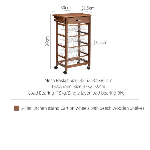 SHIMOYAMA 5-Tier Kitchen Island Cart on Wheels With Wooden Shelves, Lockable Utility Cart With Mesh Baskets for Narrow Space
