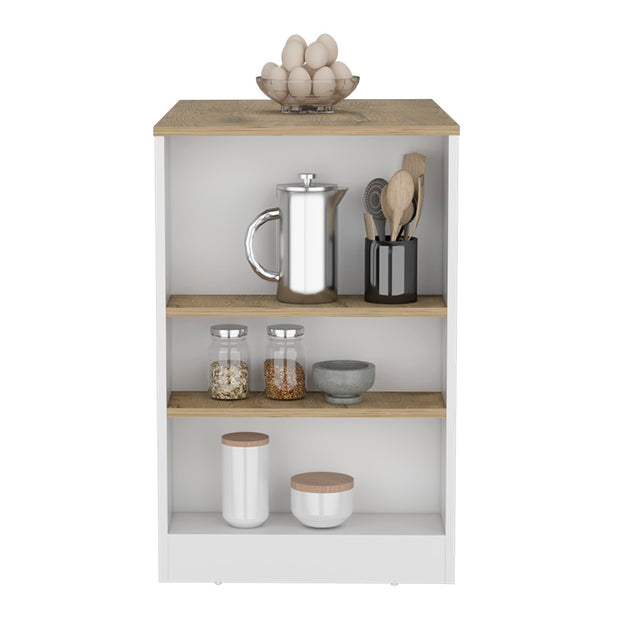 Kitchen Island with Three Side Shelves Doyle, White / Light Oak