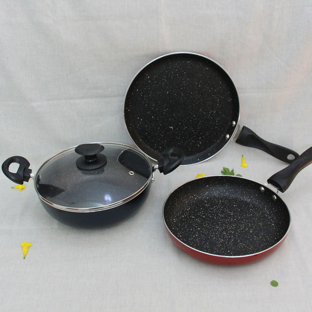 Non Stick Cookware Set of 5Pcs| Tawa, Fry Pan, Kadai With Lid & 2 Spatula |Induction Base|Non-Stick